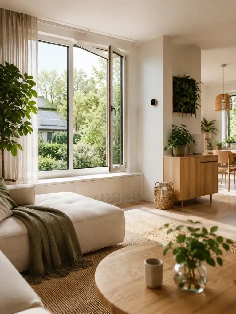 Lichte woonkamer met open raam, slimme thermostaat en natuurlijke materialen voor gezond en energiezuinig wonen