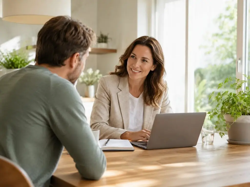 Woonadviseur bespreekt een vraag met een bezoeker tijdens een persoonlijk gesprek aan tafel