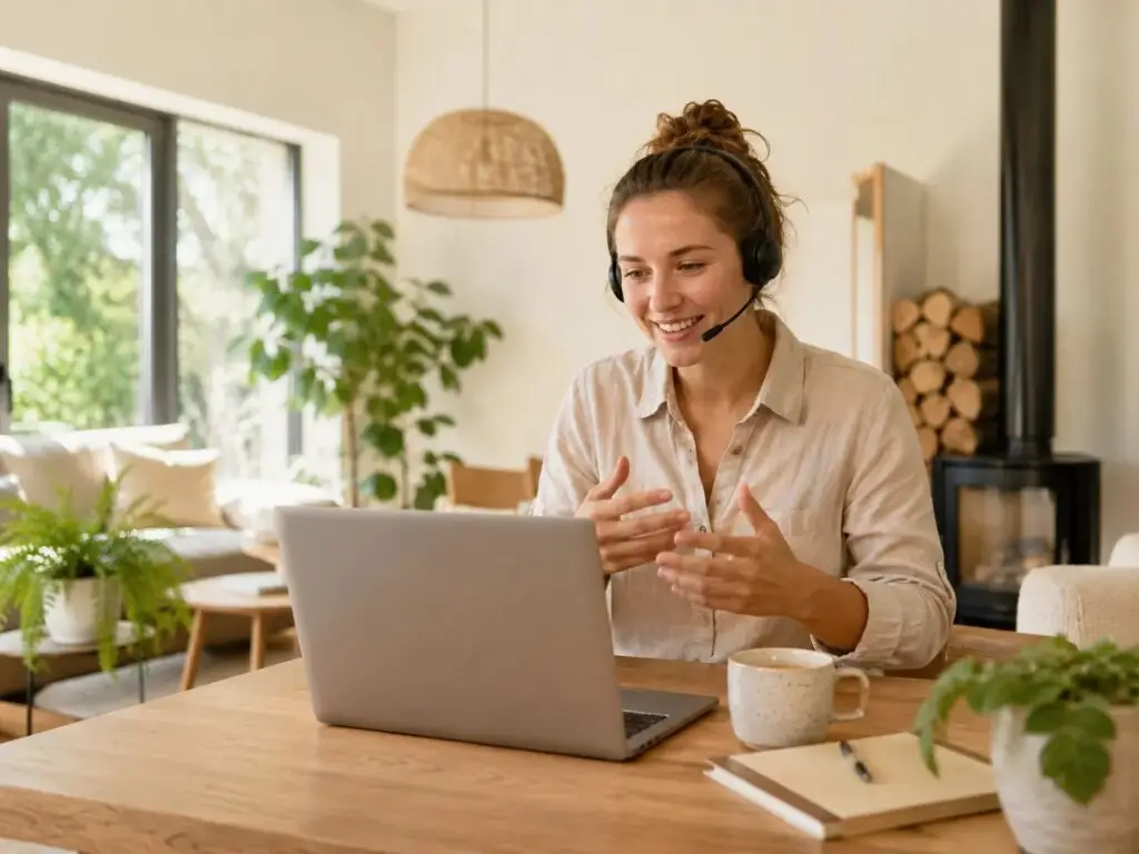 Medewerker van Thuis24 helpt een bezoeker online via laptop en headset