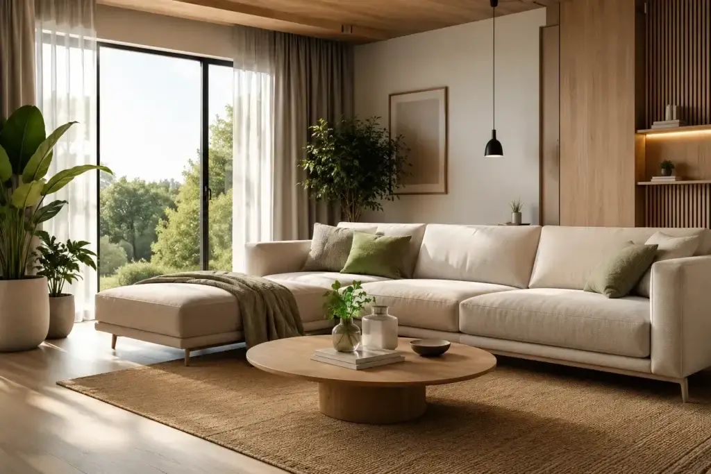 Duurzaam wonen in een moderne energiezuinige woonkamer met natuurlijke materialen en veel daglicht