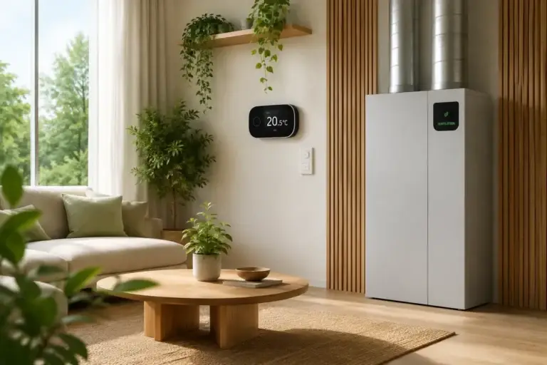 Energiezuinige woonkamer met modern ventilatiesysteem, slimme thermostaat en natuurlijke inrichting
