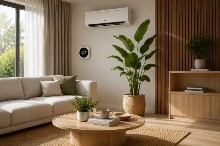Moderne woonkamer met airconditioning, slimme thermostaat en groene planten voor een gezond binnenklimaat