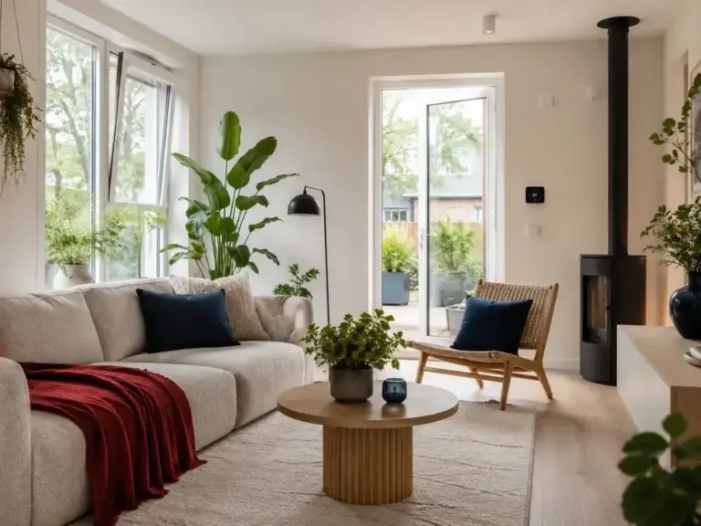 Lichte woonkamer met natuurlijke materialen, planten en slimme oplossingen voor gezond en energiezuinig wonen