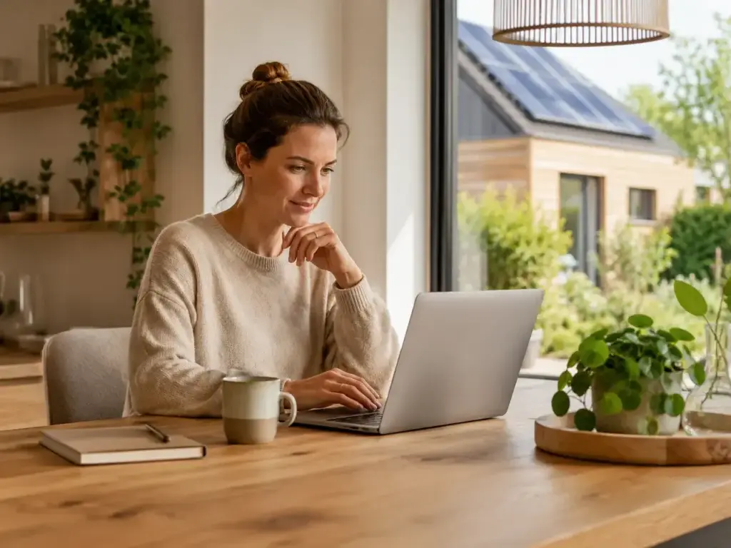 Vrouw registreert zich online bij Thuis24 vanuit een duurzame woning met zonnepanelen