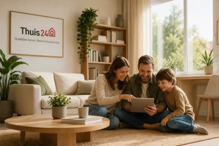 Gezin bekijkt betrouwbare wooninformatie op een tablet in een lichte en comfortabele woonkamer
