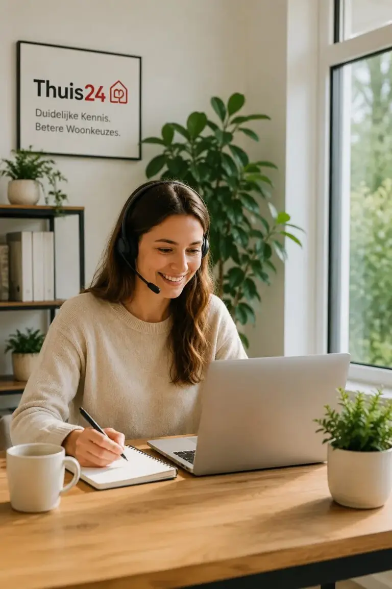 Medewerker van Thuis24 beantwoordt vragen via een headset en laptop vanuit een lichte werkruimte