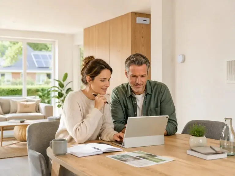 Bewoners bekijken veelgestelde vragen over gezond, comfortabel en energiezuinig wonen op een tablet